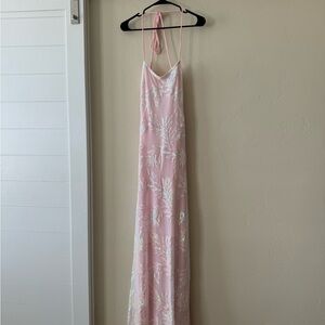 Light pink prom dress with slit, ivory floral accent, strap back, size 2, new